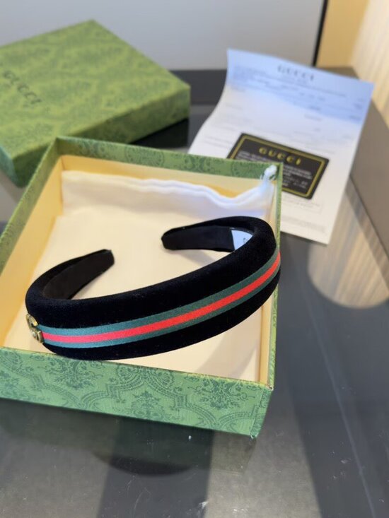 Gucci Black Velvet Headband with Green and Red Stripe and Gold GG main image 4